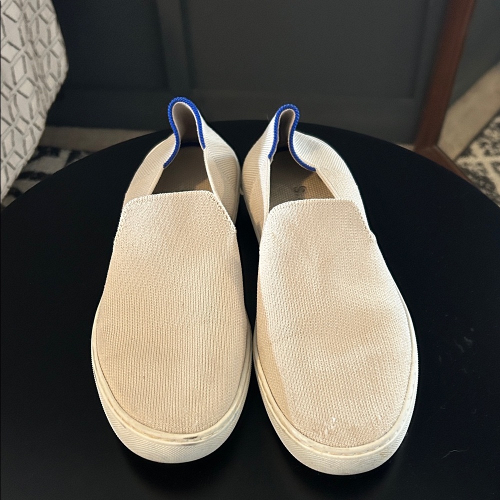 Rothy's Cream Slip-On Loafers with Blue Accents